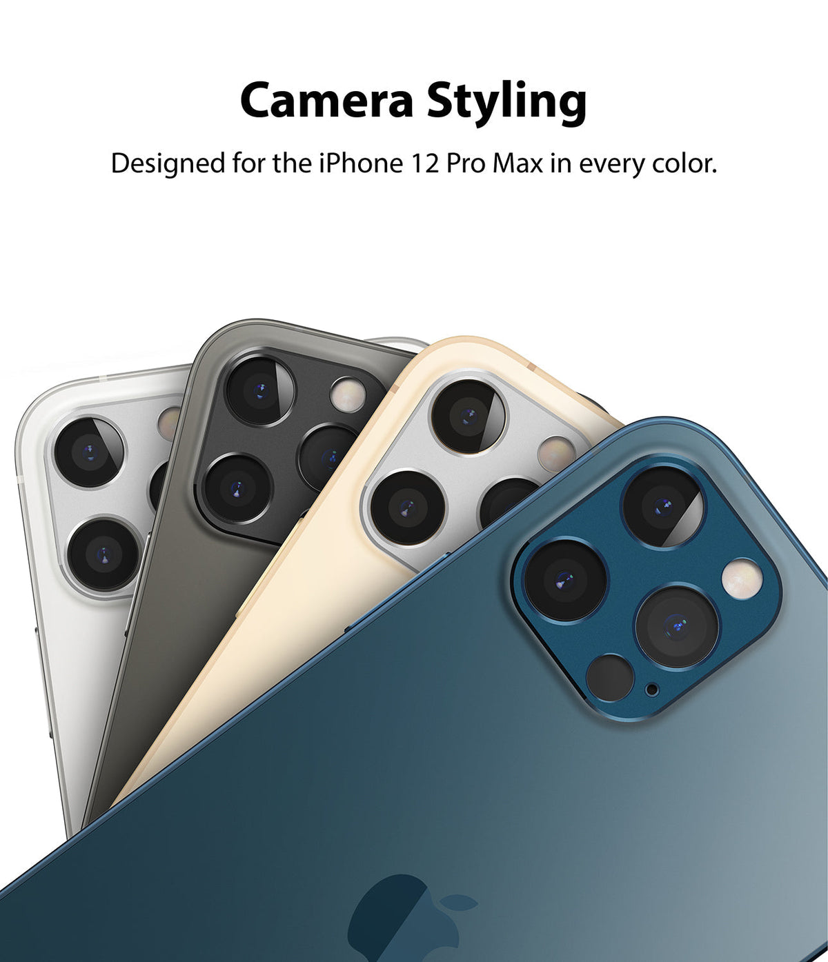 iPhone 12 Pro Max | Camera Styling - Four iPhone 12 Pro Max phones in different colors fanned out to show camera lens covers.