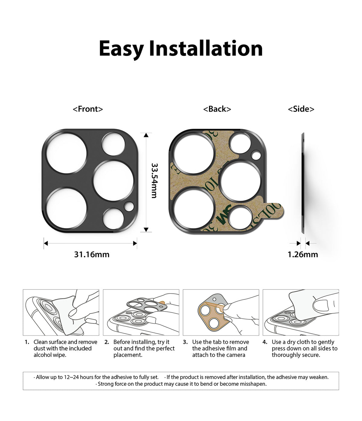 iPhone 12 Pro Max | Camera Styling - Dimensions and four-step installation guide for a camera lens protector.