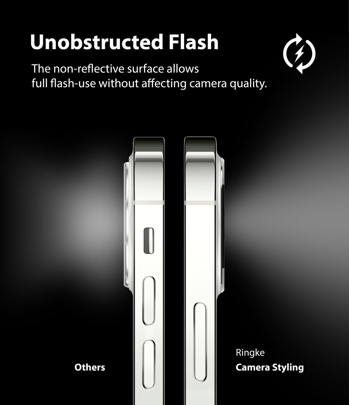 iPhone 12 Pro Max | Camera Styling - Comparison of phone camera flash showing Ringke styling prevents light reflection.