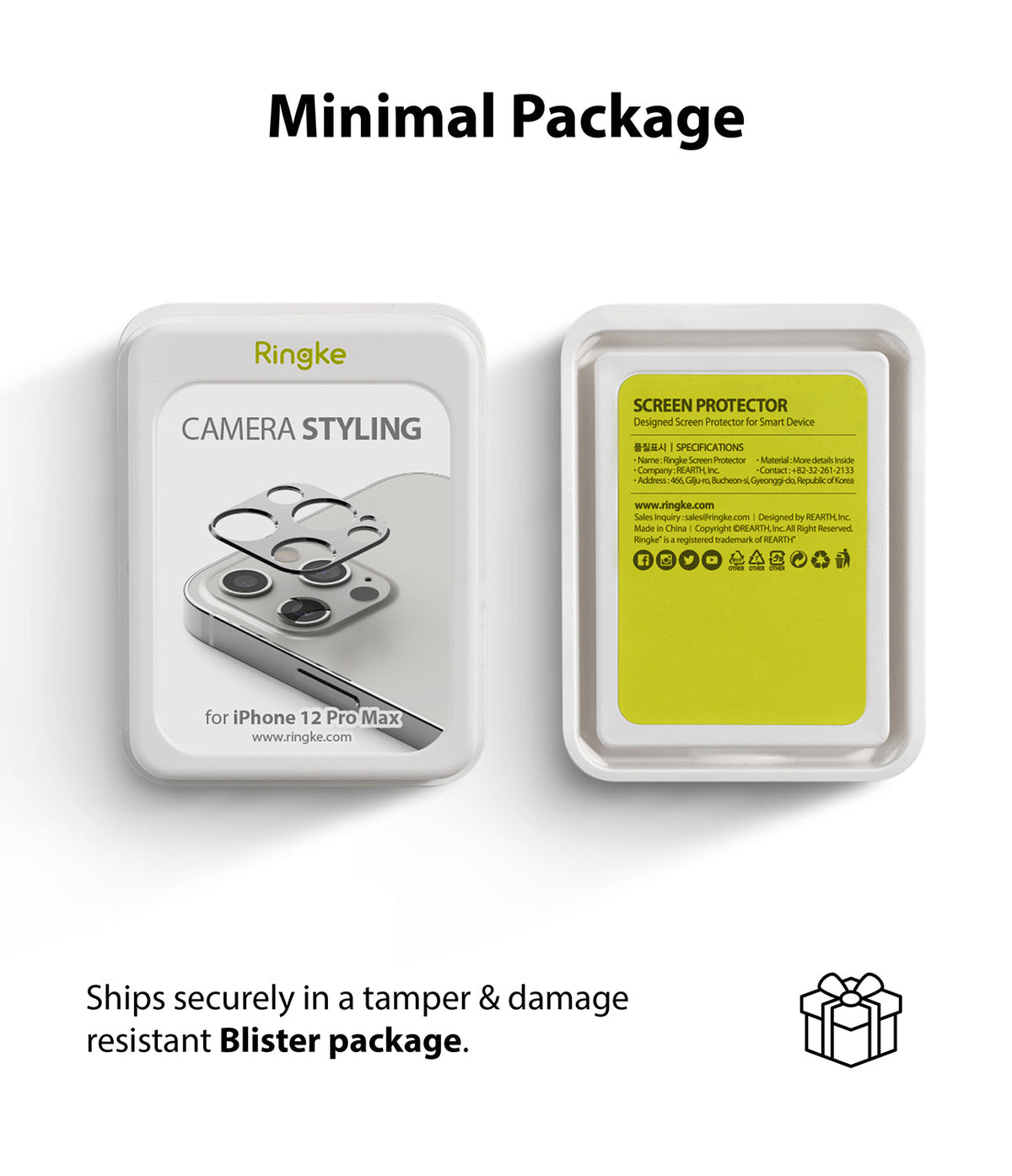 iPhone 12 Pro Max | Camera Styling - Front and back view of Ringke camera lens protector blister packaging.