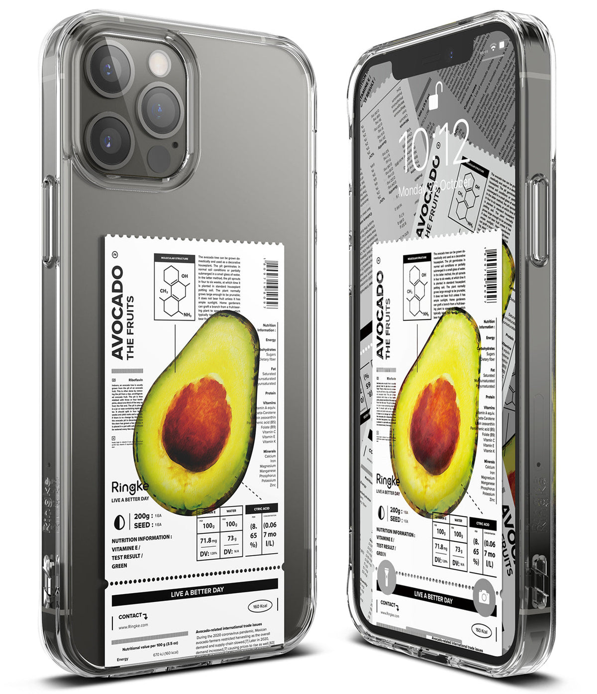 iPhone 12 Pro Max Case | Fusion Design Fruit - iPhone 12 Pro Max Case - Clear phone case featuring a graphic label design of an avocado with nutritional facts.