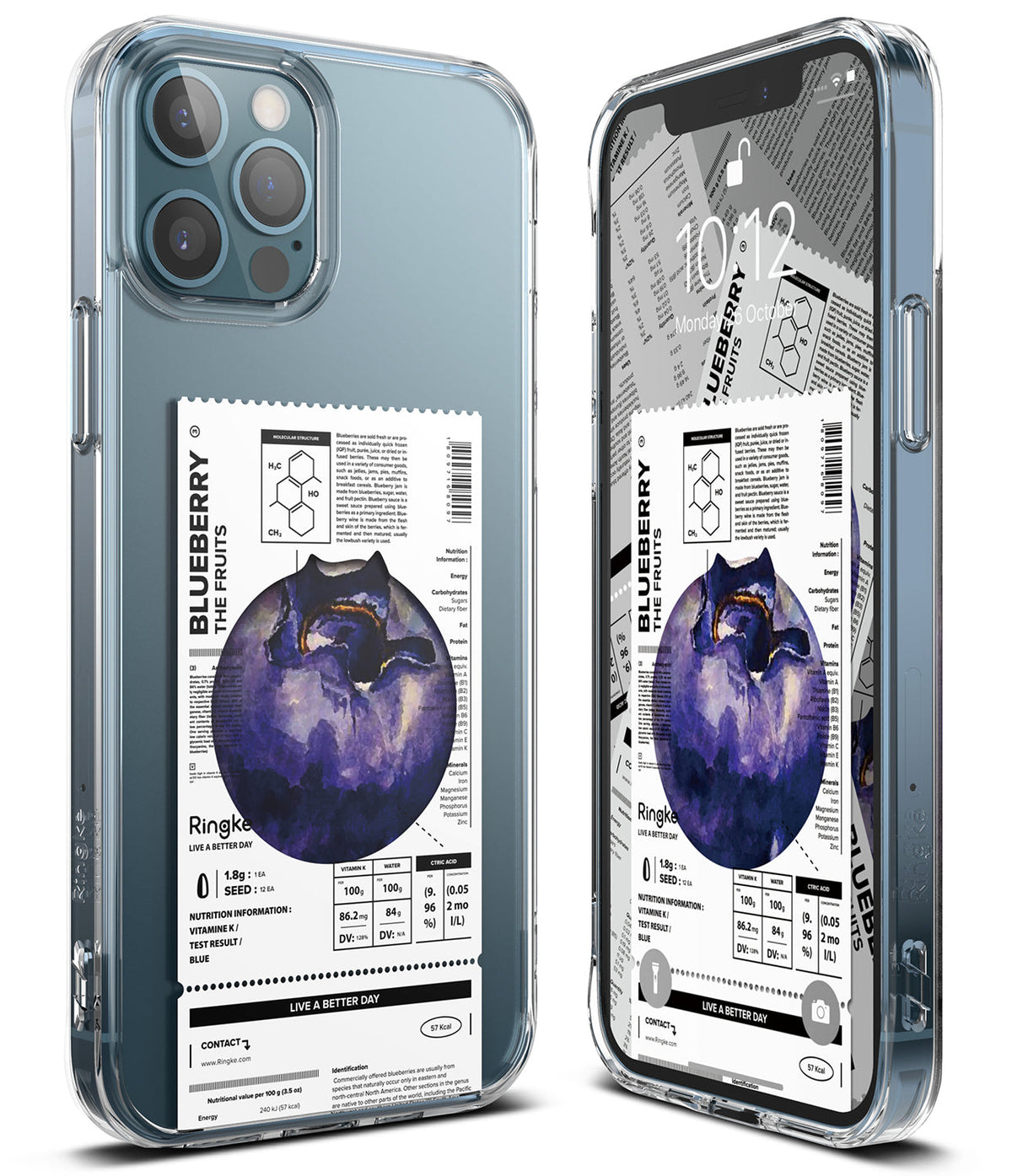 iPhone 12 Pro Max Case | Fusion Design Fruit - Clear phone case featuring a blueberry nutrition label graphic.