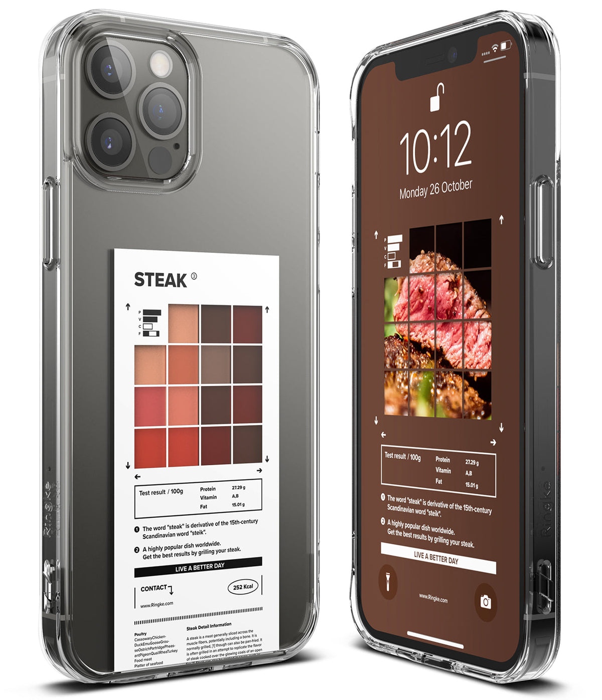 iPhone 12 Pro Max Case | Fusion Design Palette - Clear phone case featuring a steak-themed color palette and info card.