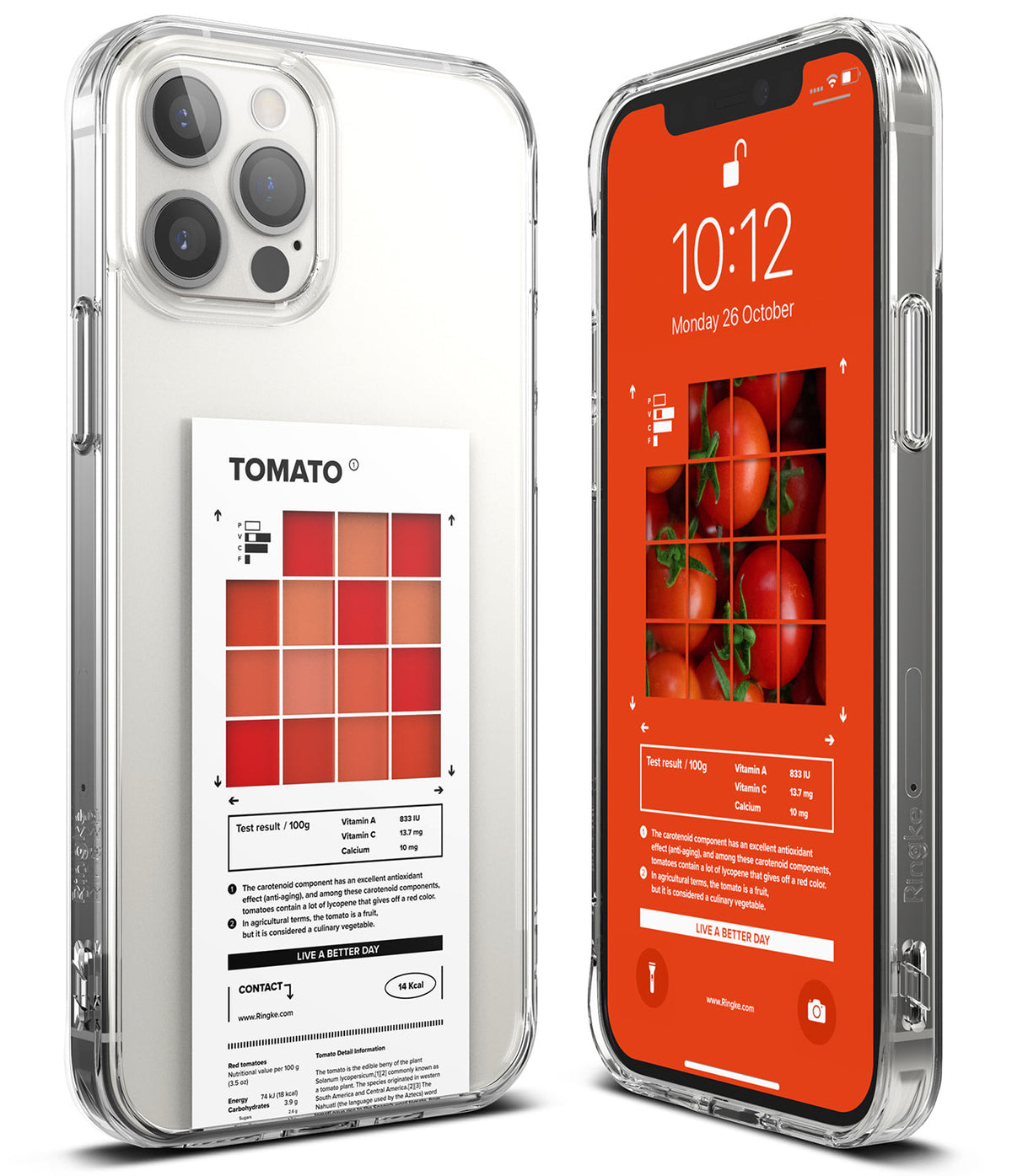 iPhone 12 Pro Max Case | Fusion Design Palette - Clear phone case featuring a tomato-themed nutritional label design.