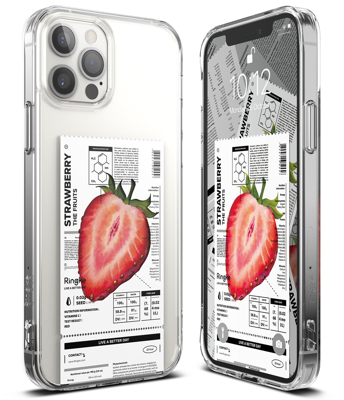 iPhone 12 Pro Max Case | Fusion Design Fruit - Clear phone case featuring a strawberry nutrition label graphic.