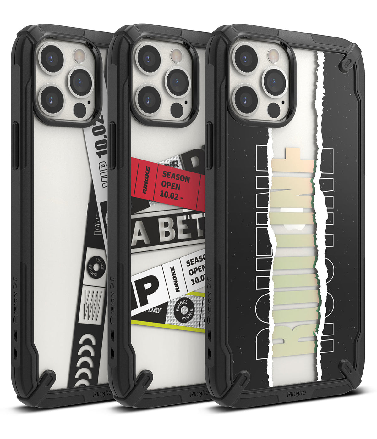 iPhone 12 Pro Max Case | Fusion-X Design - Three iPhone 12 Pro Max cases with black bumpers and unique graphic back panels.