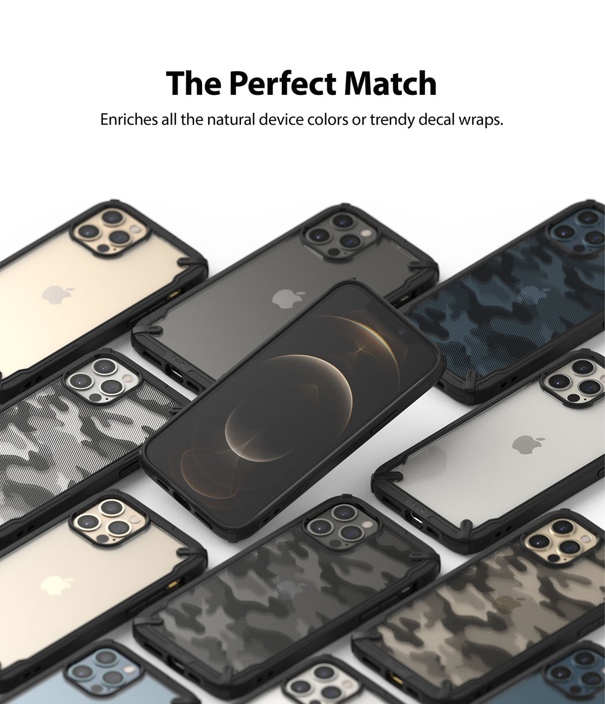 iPhone 12 Pro Max Case | Fusion-X - Multiple iPhone 12 Pro Max phones in various clear and camouflage Fusion-X cases arranged.