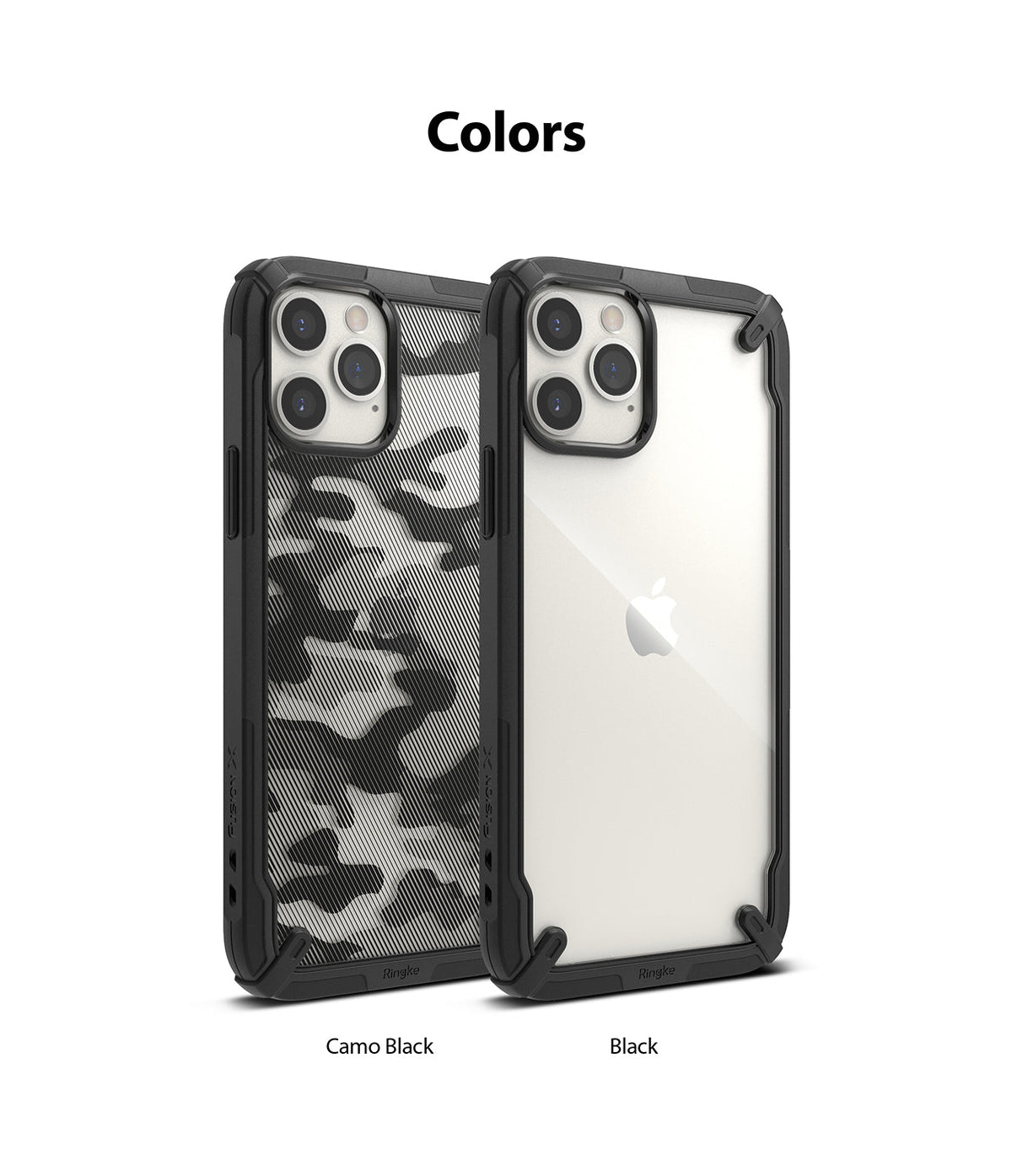 iPhone 12 Pro Max Case | Fusion-X - Two iPhone 12 Pro Max phones in Camo Black and clear Black Fusion-X cases against a white background.
