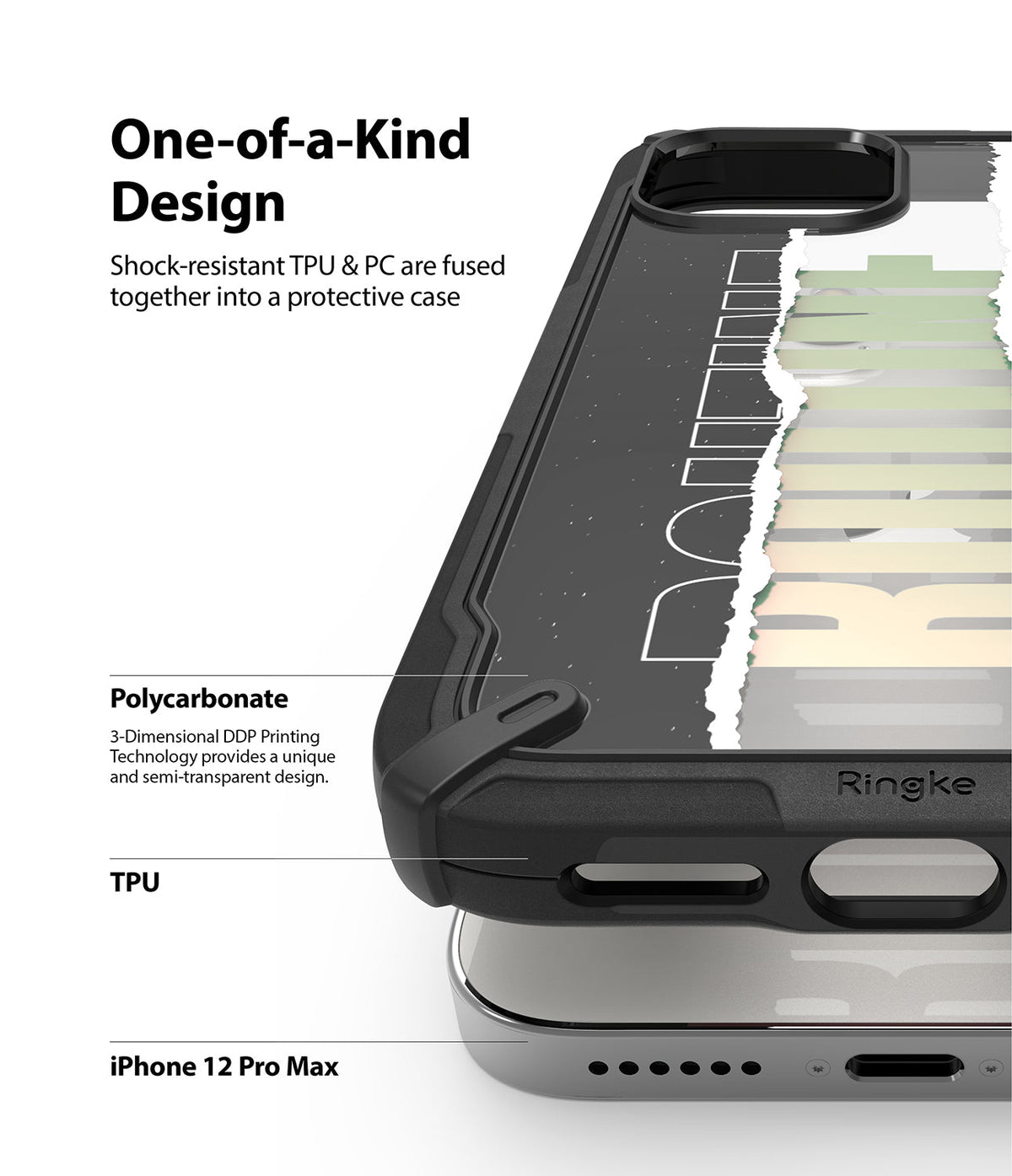 iPhone 12 Pro Max Case | Fusion-X Design - Close-up of a rugged black phone case with TPU and polycarbonate layers.