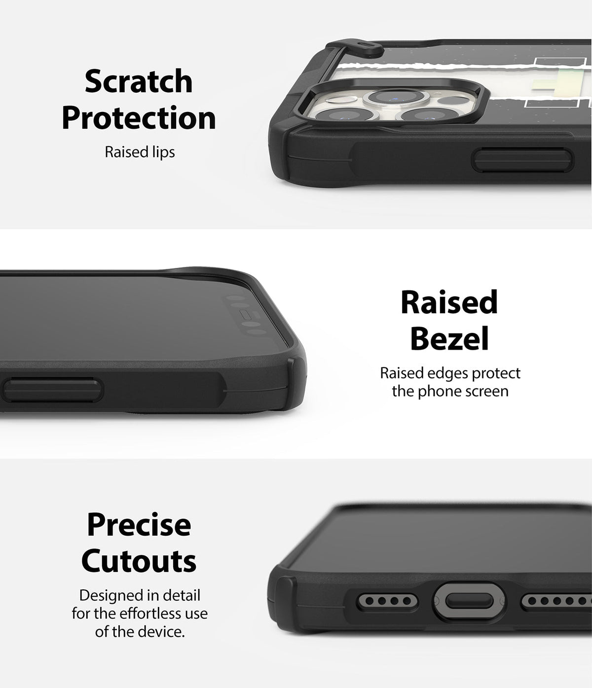 iPhone 12 Pro Max Case | Fusion-X Design - Close-ups showing raised camera lips, screen bezels, and precise port cutouts.