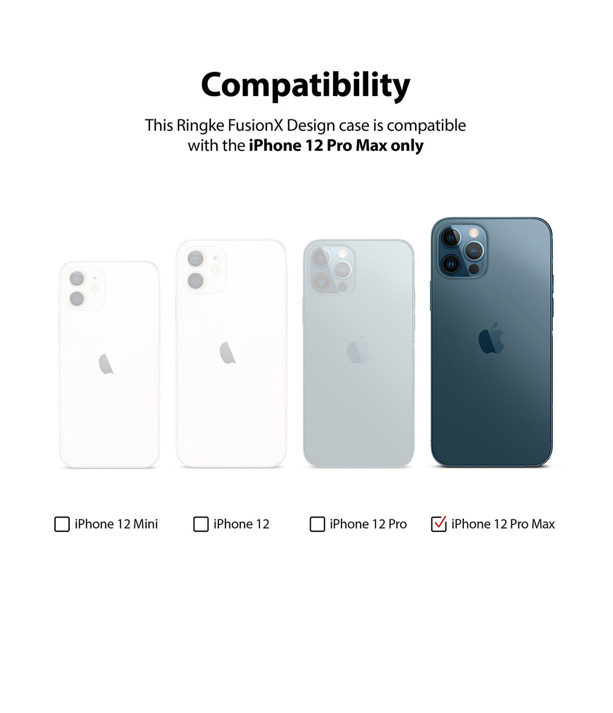 iPhone 12 Pro Max Case | Fusion-X Design - Four iPhone 12 models shown, with a checkmark indicating compatibility for the Pro Max.