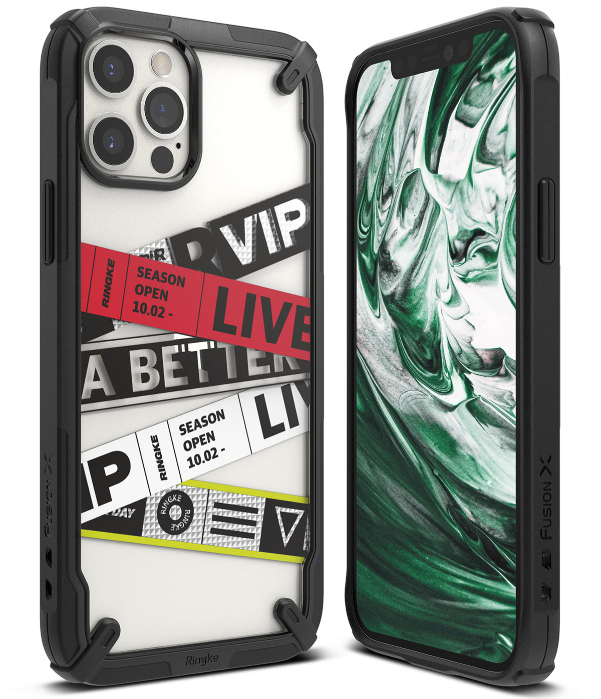 iPhone 12 Pro Max Case | Fusion-X Design - Rugged black case with a clear back featuring graphic ticket-style stickers.