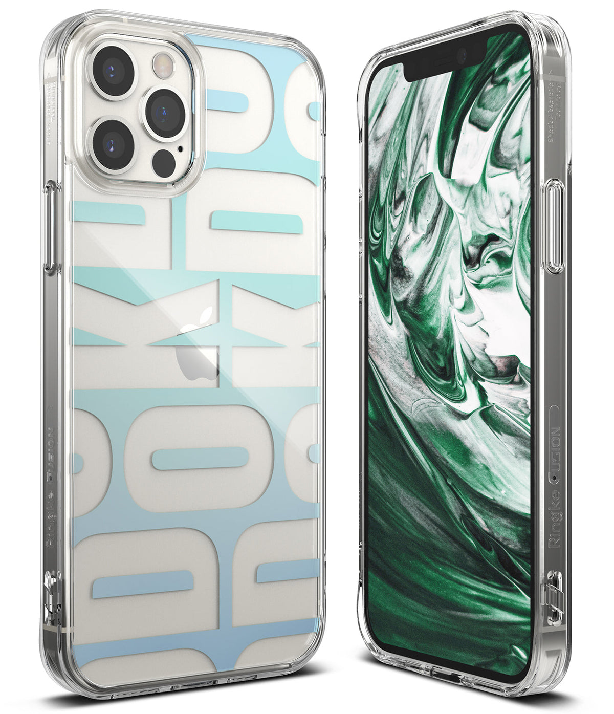 iPhone 12 Pro Max Case | Fusion Design - Clear phone case with blue typography pattern and green marble screen display.