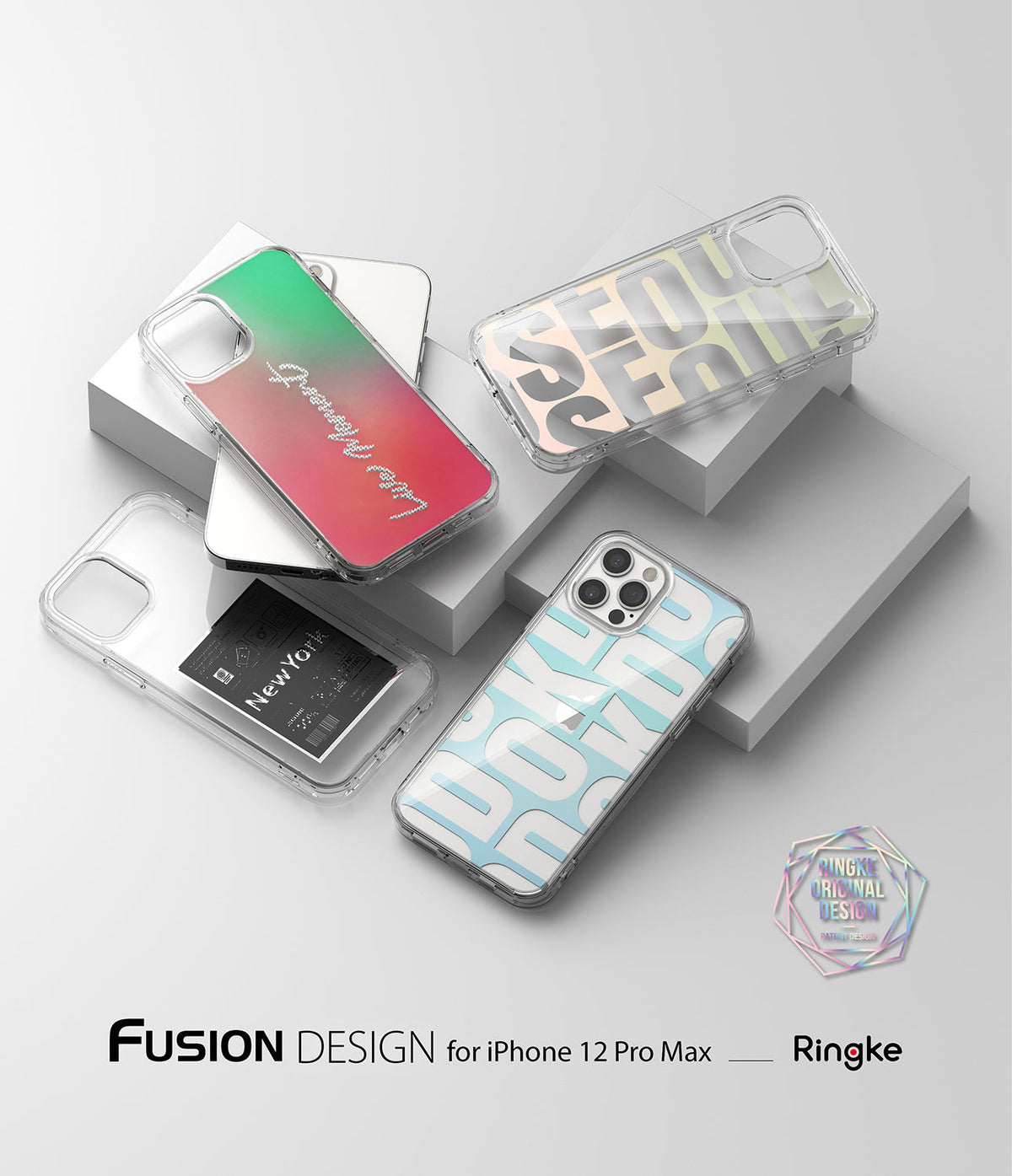 iPhone 12 Pro Max Case | Fusion Design - Four clear phone cases with various graphic designs displayed on white blocks.