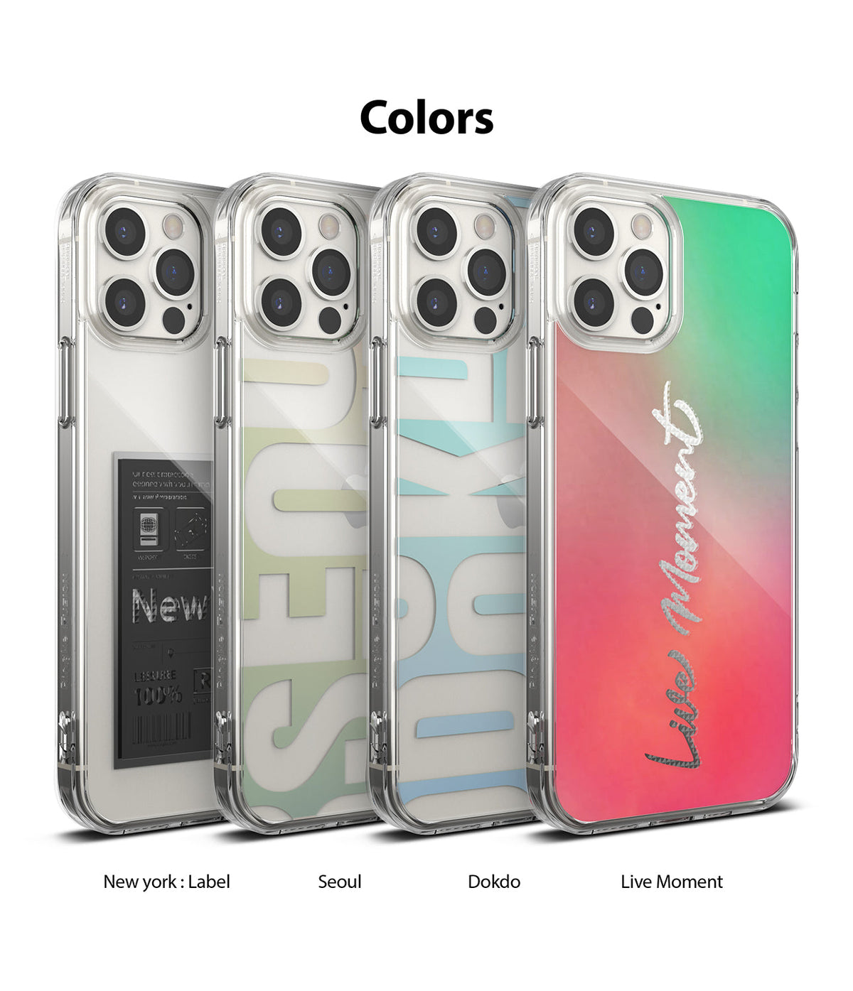 iPhone 12 Pro Max Case | Fusion Design - Four iPhone 12 Pro Max cases with New York, Seoul, Dokdo, and Live Moment designs.