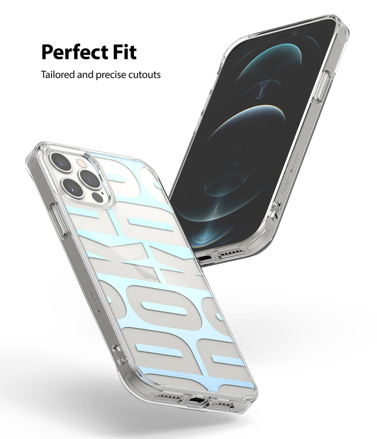 iPhone 12 Pro Max Case | Fusion Design - Clear phone case with light blue graphic pattern on an iPhone 12 Pro Max.