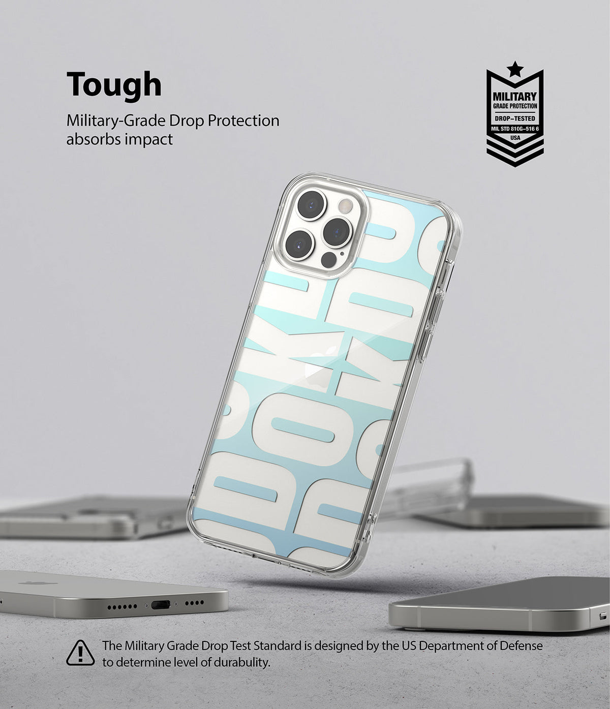 iPhone 12 Pro Max Case | Fusion Design - Clear phone case with blue typography on a gray surface with military-grade protection badge.