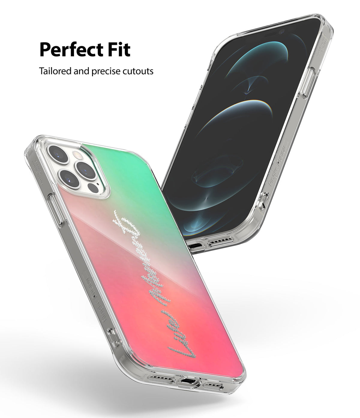iPhone 12 Pro Max Case | Fusion Design - Clear phone case with pink-to-green gradient back and precise cutouts.