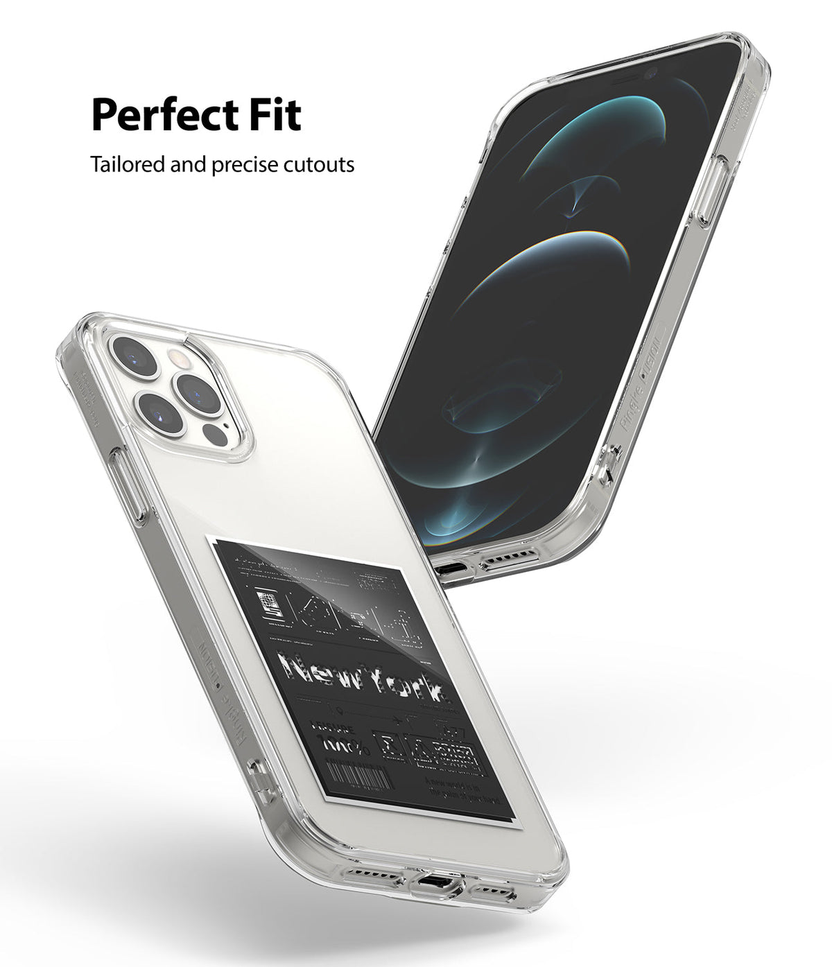 iPhone 12 Pro Max Case | Fusion Design - Clear phone case with a New York graphic insert showing precise cutouts.