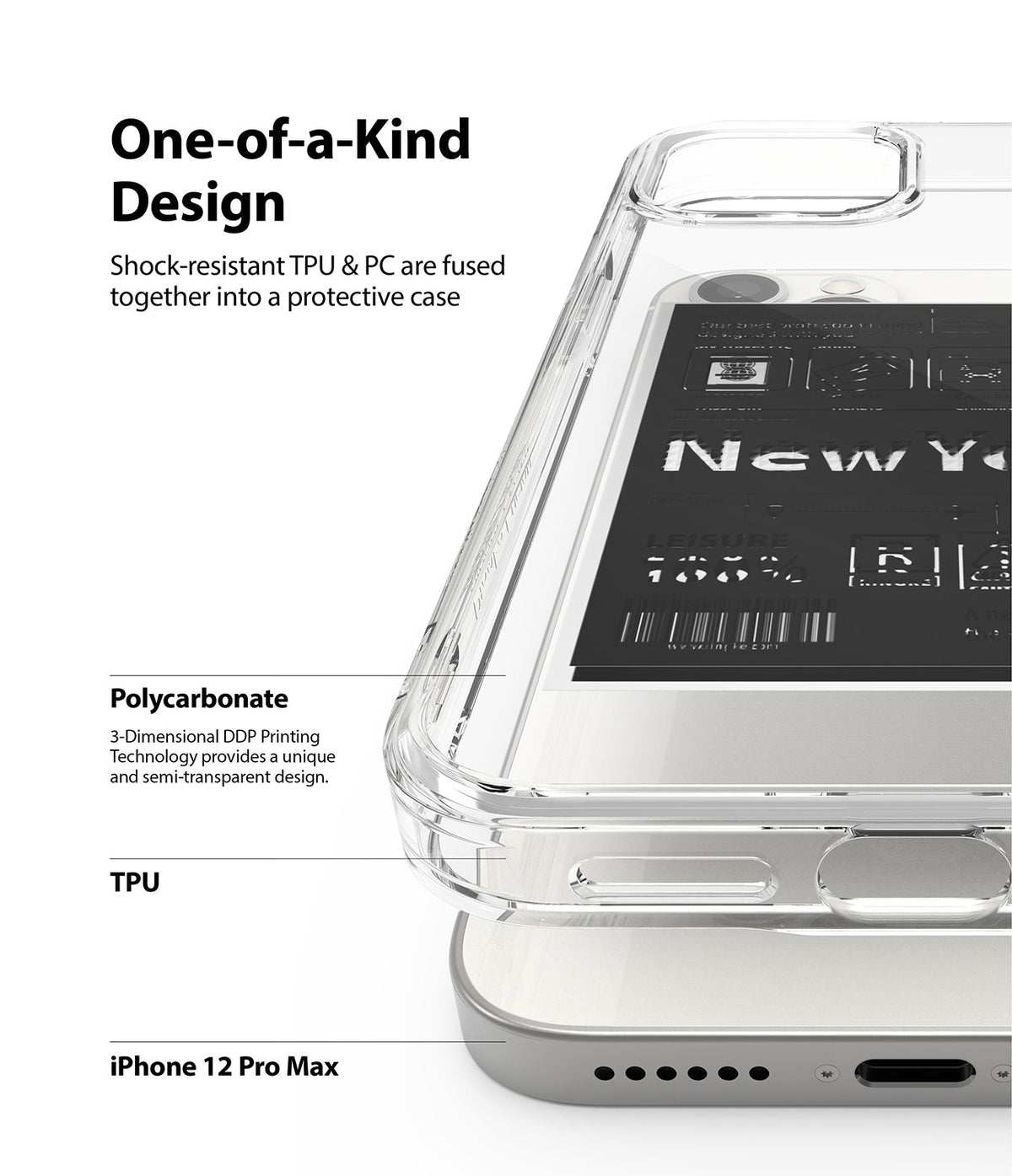 iPhone 12 Pro Max Case | Fusion Design - Clear protective phone case showing TPU and polycarbonate layers with text labels.
