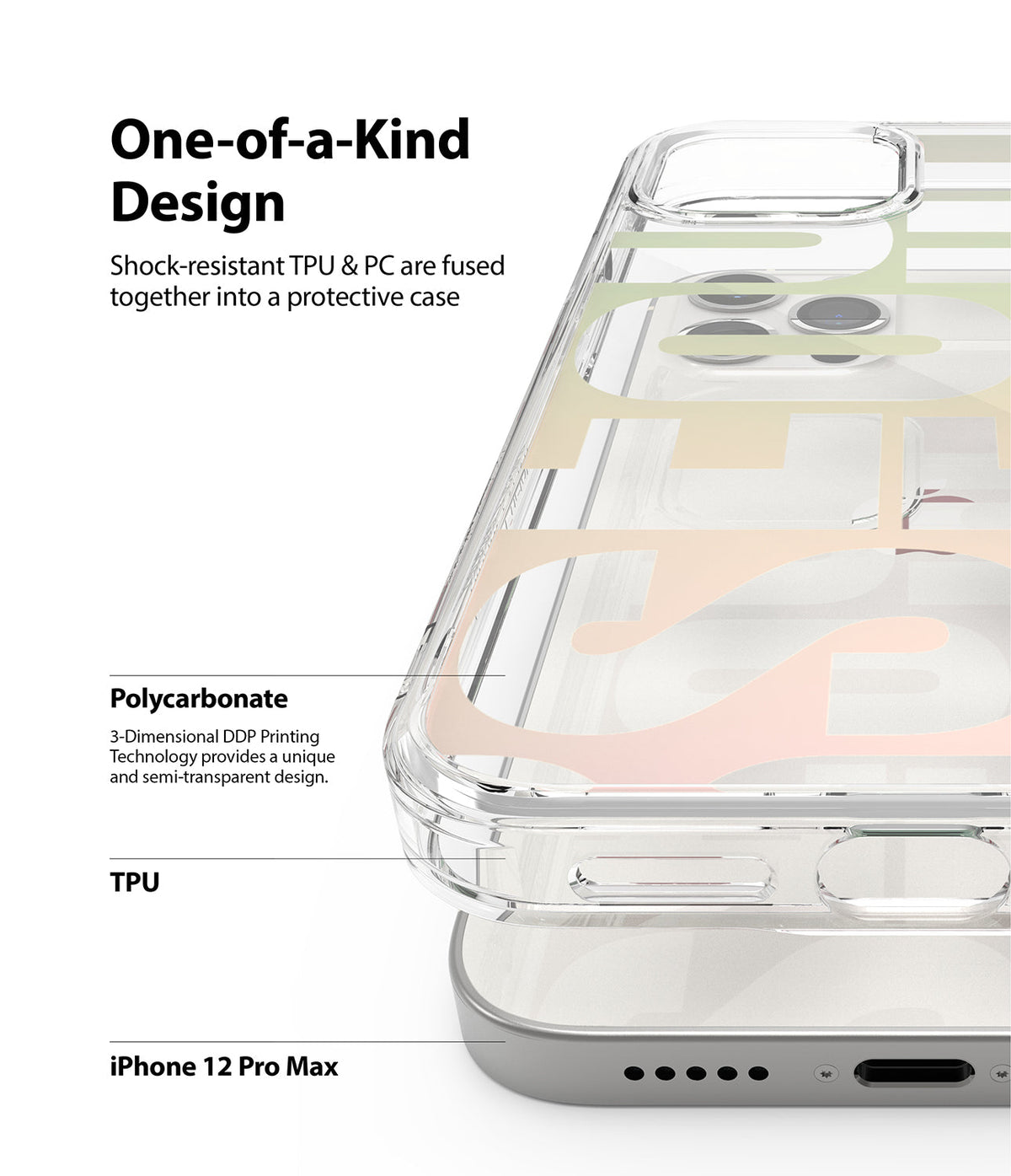 iPhone 12 Pro Max Case | Fusion Design - Clear phone case with layered graphic design, highlighting TPU and PC materials.