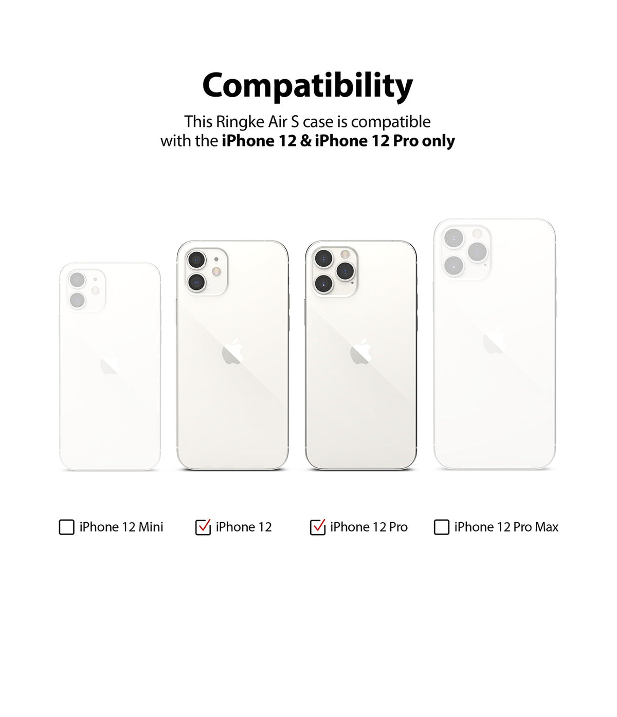 iPhone 12 / 12 Pro Case | Air-S - Compatibility chart showing iPhone 12 and 12 Pro checked as compatible, excluding Mini and Max.