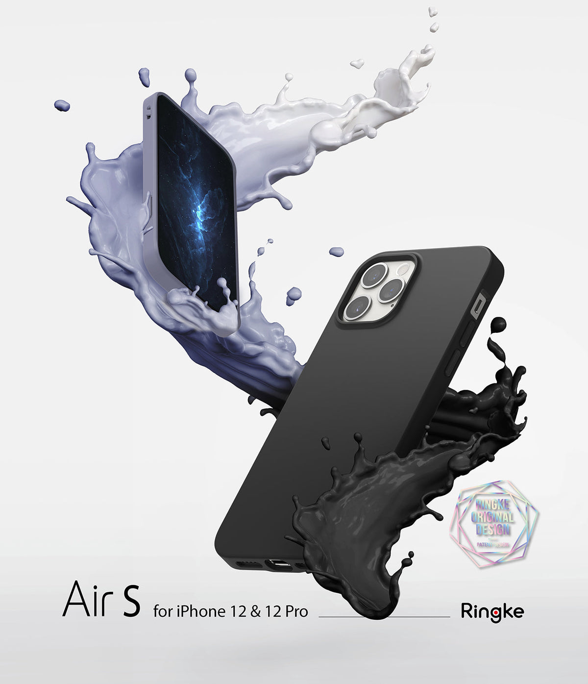 iPhone 12 / 12 Pro Case | Air-S - Black phone case floating amidst dynamic black and white liquid splashes.
