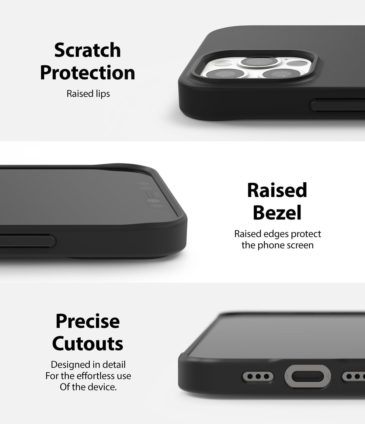 iPhone 12 / 12 Pro Case | Air-S - Close-ups of a black phone case showing raised camera lips, screen bezels, and precise port cutouts.