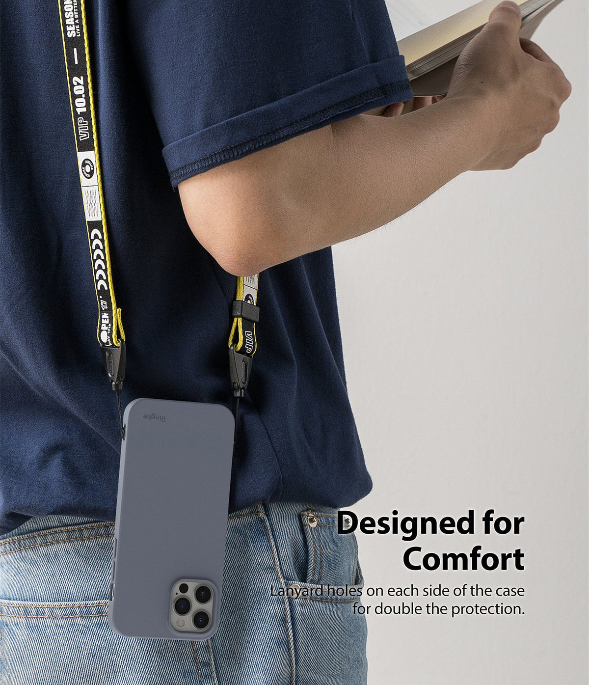 iPhone 12 / 12 Pro Case | Air-S - A blue phone case hanging from a yellow and black branded lanyard worn around a person's neck.