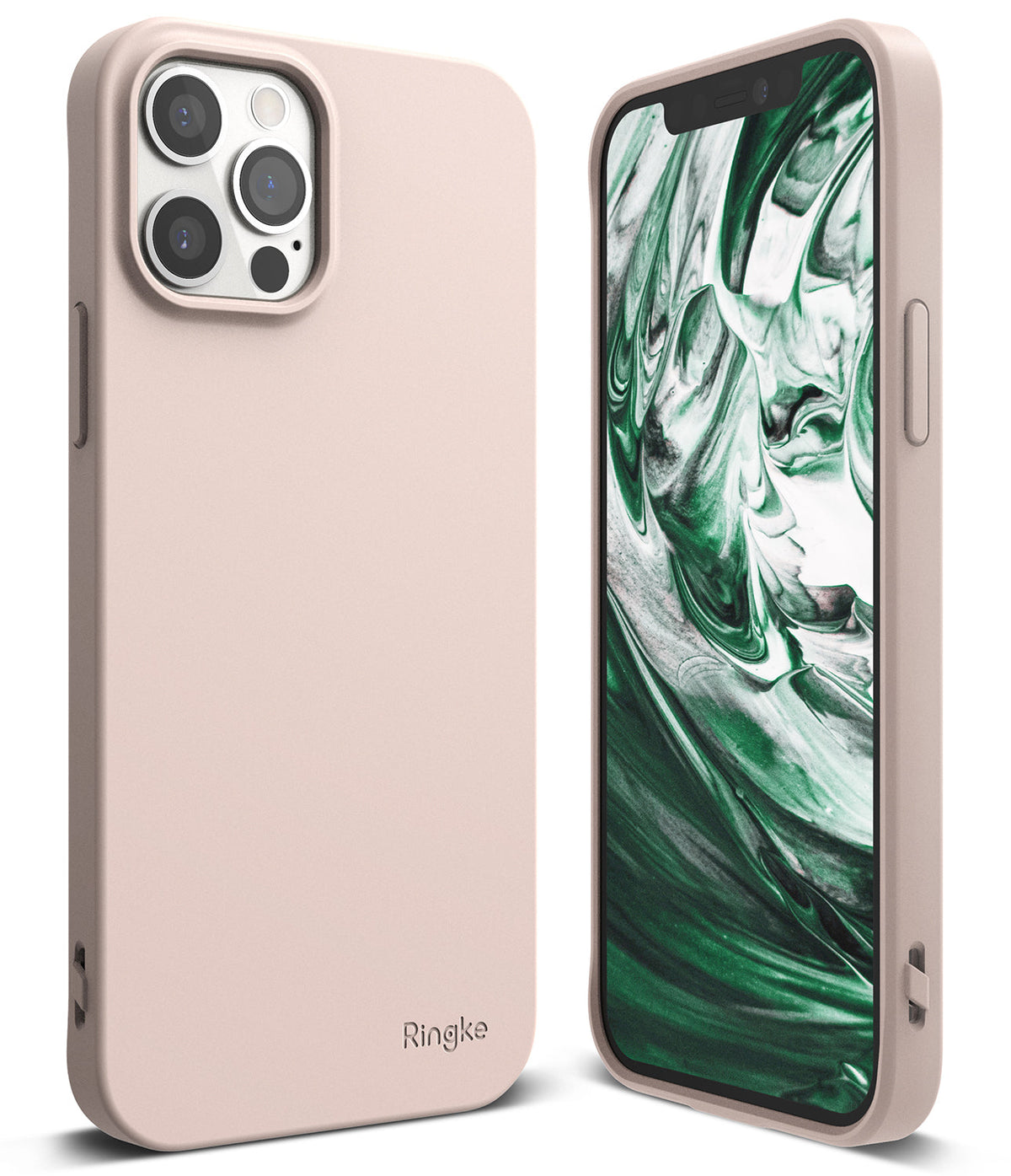 iPhone 12 / 12 Pro Case | Air-S - Matte blush pink phone case shown from back and front with green marble screen wallpaper.