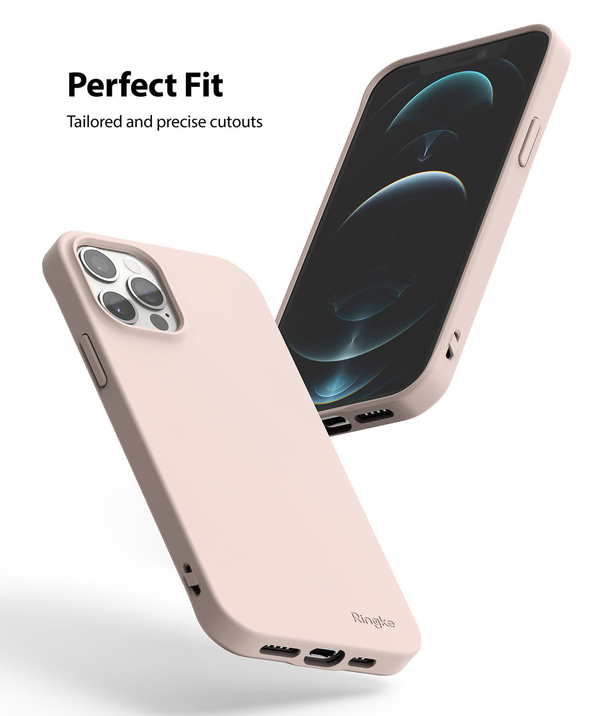 iPhone 12 / 12 Pro Case | Air-S - Two views of a light pink iPhone case showing precise cutouts and a slim fit.