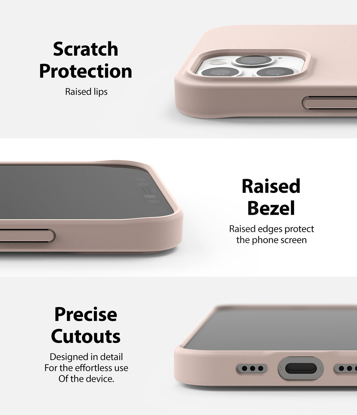 iPhone 12 / 12 Pro Case | Air-S - Three close-up views of a pink phone case highlighting camera protection, raised screen bezels, and port cutouts.