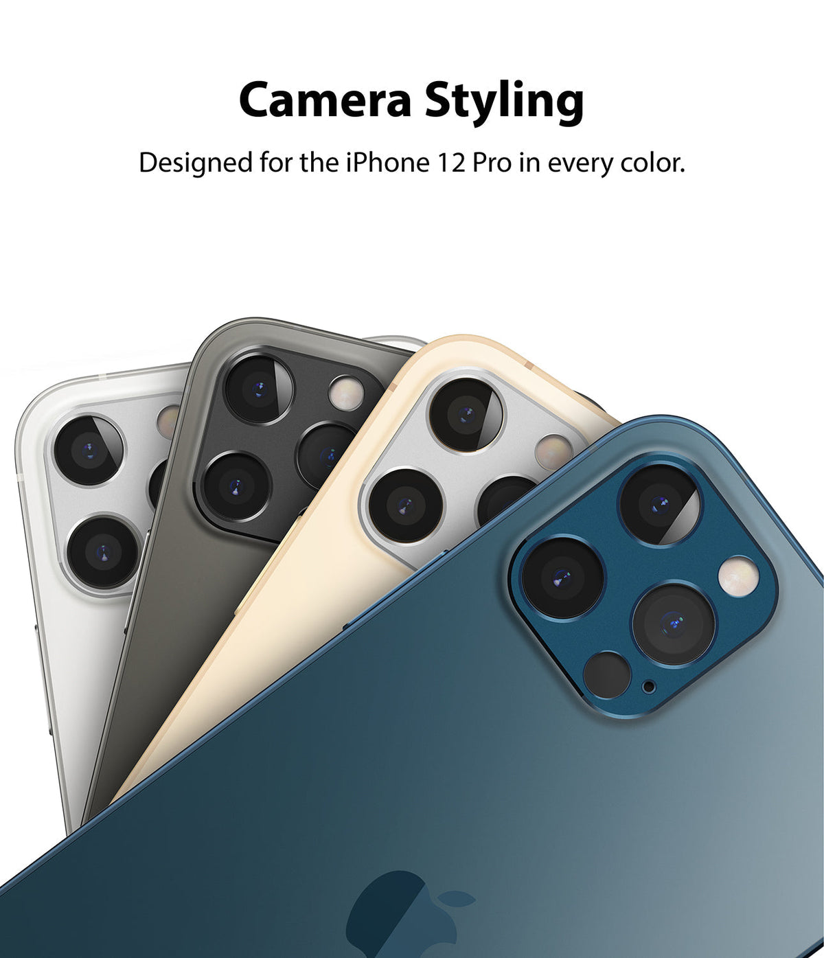 iPhone 12 Pro | Camera Styling - Four iPhone 12 Pro phones in different colors fanned out to show their camera modules.