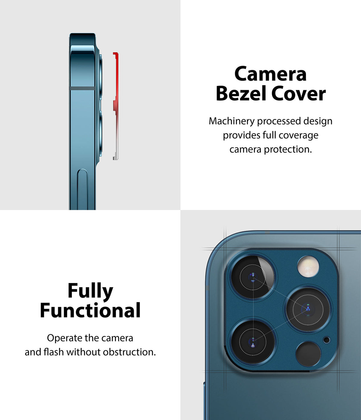 iPhone 12 Pro | Camera Styling - Side view of a red camera bezel cover aligning with an iPhone and a close-up of the installed cover.
