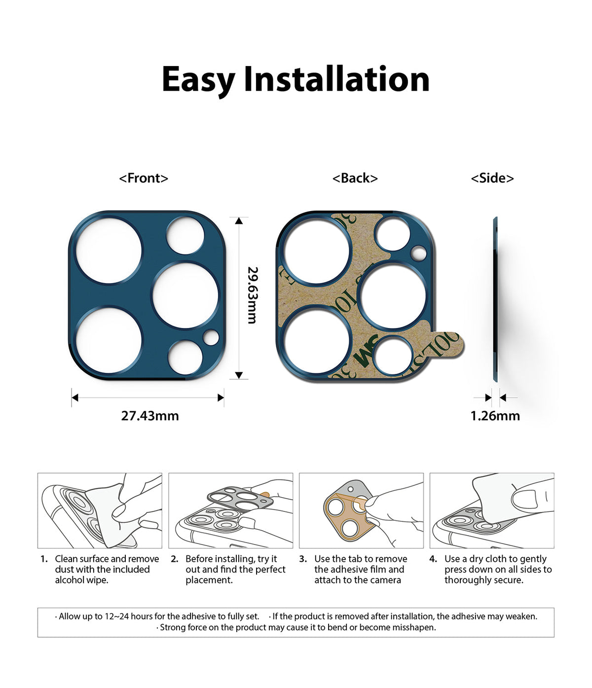 iPhone 12 Pro | Camera Styling - Technical diagram showing dimensions and four-step installation guide for lens protector.