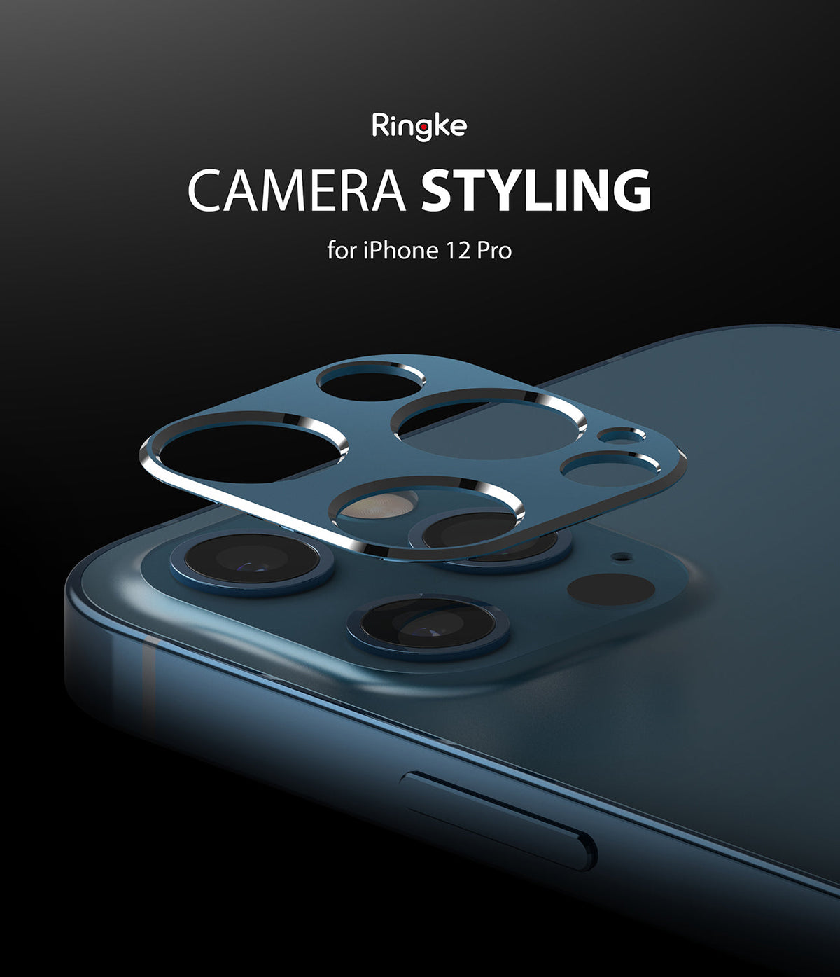 iPhone 12 Pro | Camera Styling - Blue metal camera lens protector hovering above an iPhone 12 Pro camera module.