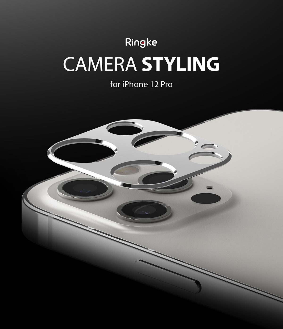 iPhone 12 Pro | Camera Styling - Silver metallic camera lens protector hovering above an iPhone 12 Pro camera module.