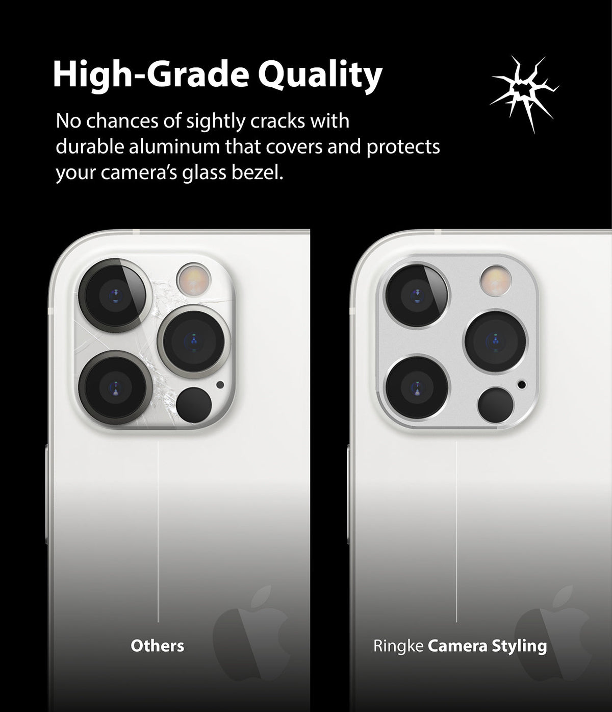 iPhone 12 Pro | Camera Styling - Comparison of a cracked camera lens versus one protected by an aluminum Ringke cover.