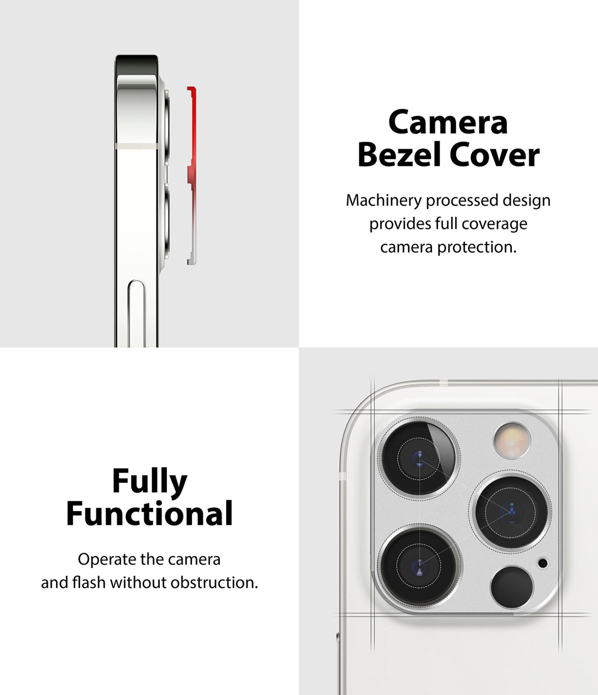 iPhone 12 Pro | Camera Styling - Side view of camera bezel cover and top-down view of installed lens protectors.