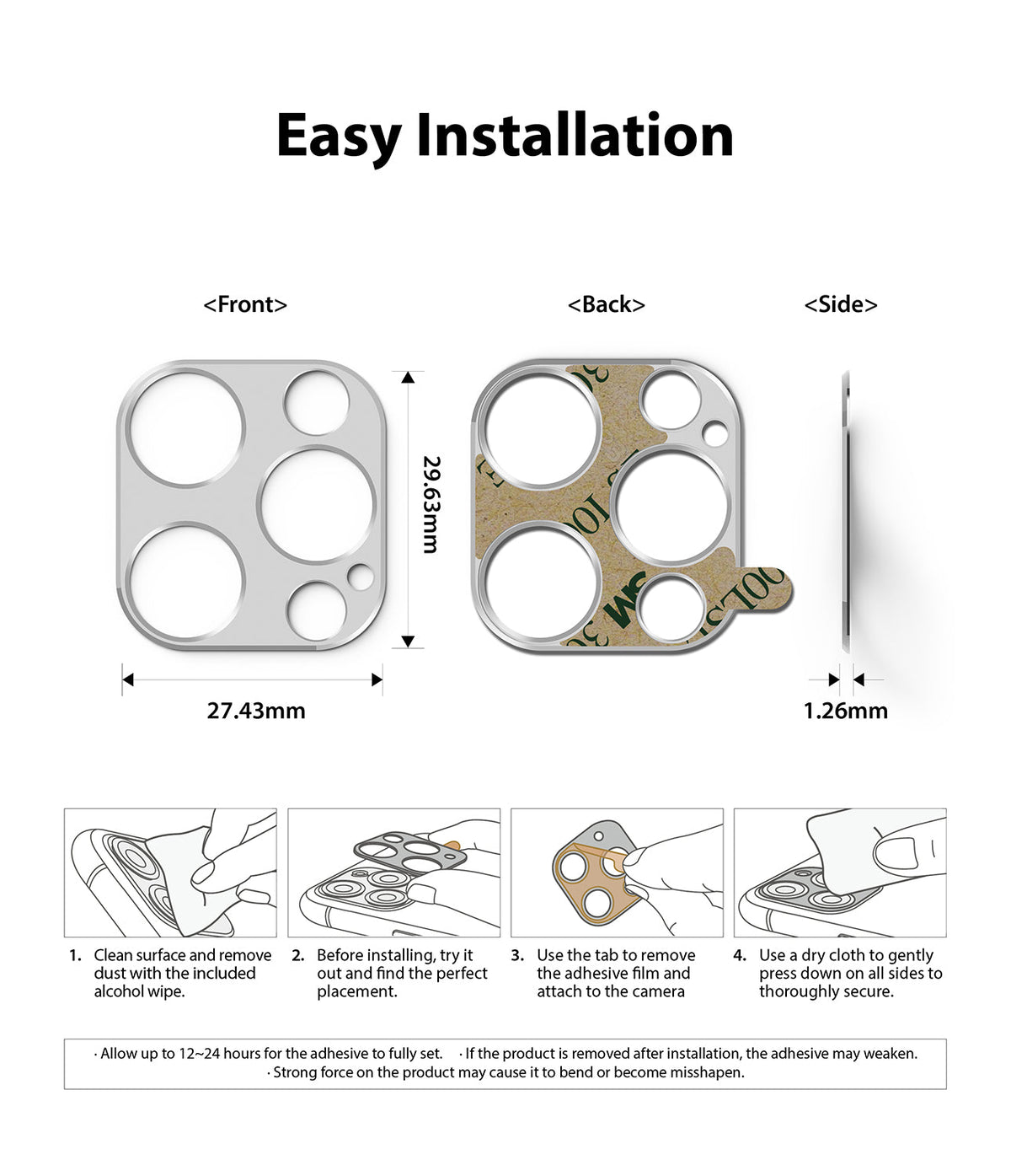 iPhone 12 Pro | Camera Styling - Technical diagram showing dimensions and four-step installation instructions for a lens protector.