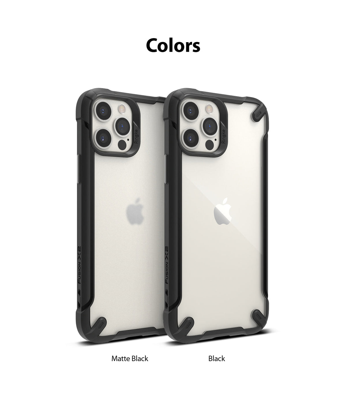 iPhone 12 / 12 Pro Case | Fusion-X2 - Two clear iPhone cases with black reinforced corners labeled Matte Black and Black.