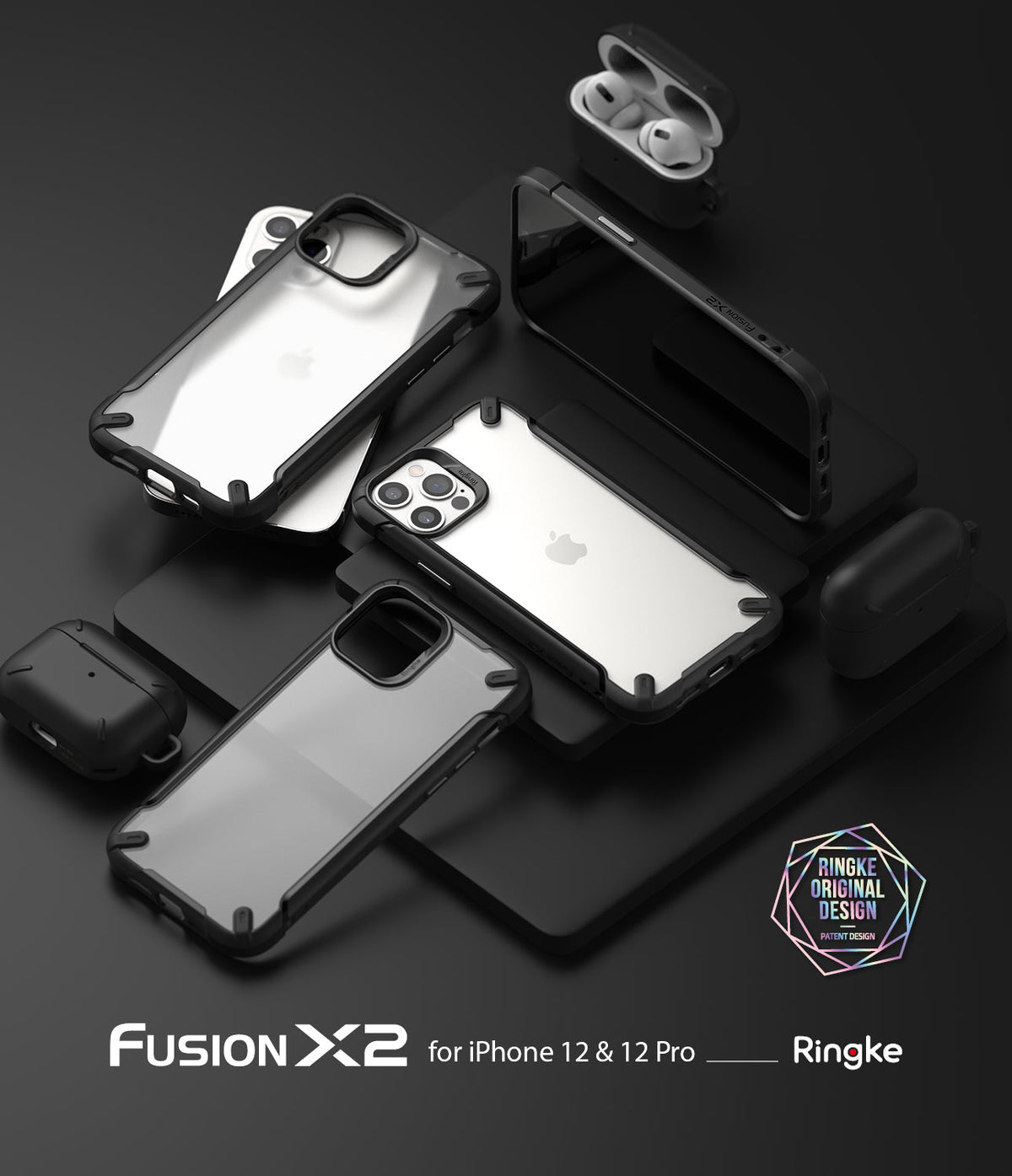 iPhone 12 / 12 Pro Case | Fusion-X2 - Multiple black Fusion-X2 cases and AirPods cases arranged on a dark surface.