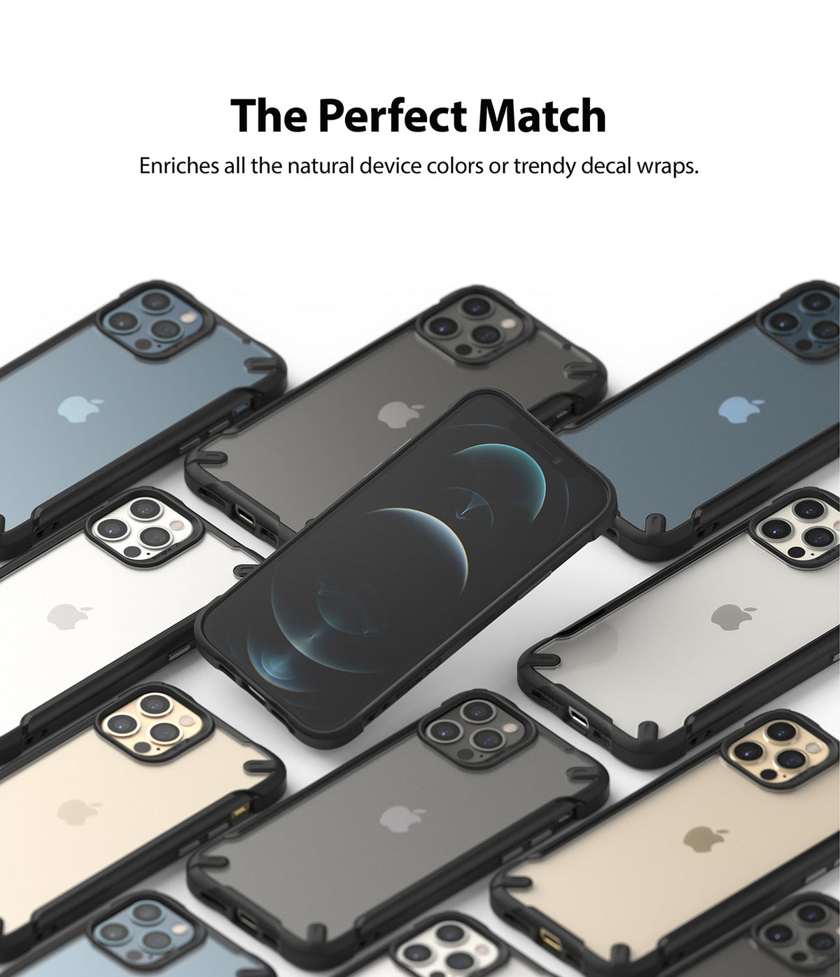 iPhone 12 / 12 Pro Case | Fusion-X2 - Multiple iPhone 12 phones in black protective cases arranged on a white background.