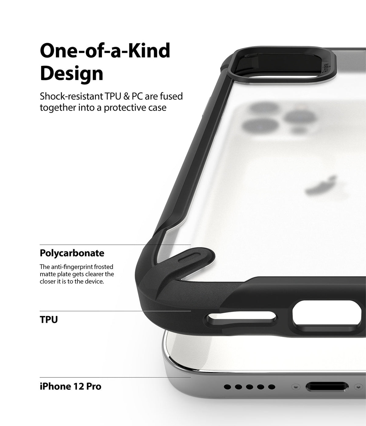 iPhone 12 / 12 Pro Case | Fusion-X2 - Close-up of a clear protective phone case with black TPU edges and a frosted back plate.