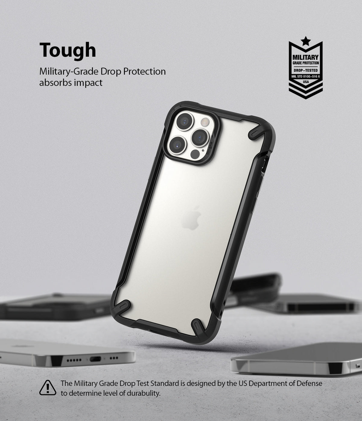 iPhone 12 / 12 Pro Case | Fusion-X2 - Clear phone case with black frame floating above other phones with military-grade badge.