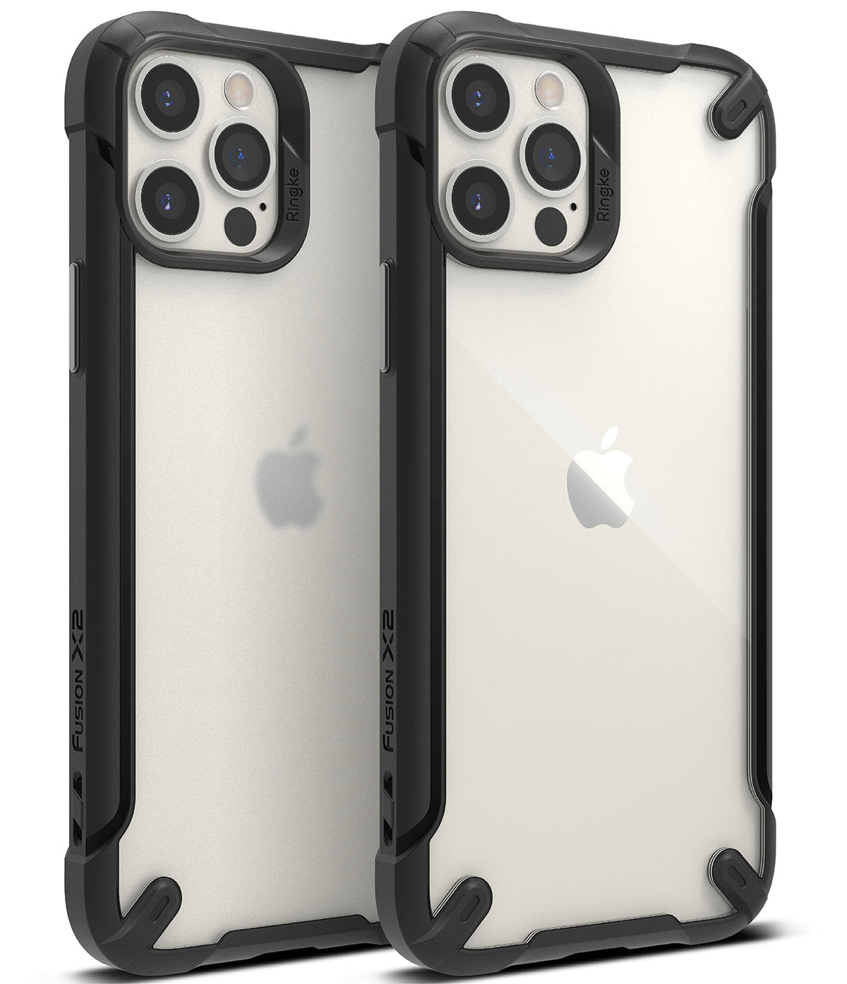 iPhone 12 / 12 Pro Case | Fusion-X2 - Two clear iPhone cases with black reinforced bumpers and corner guards.