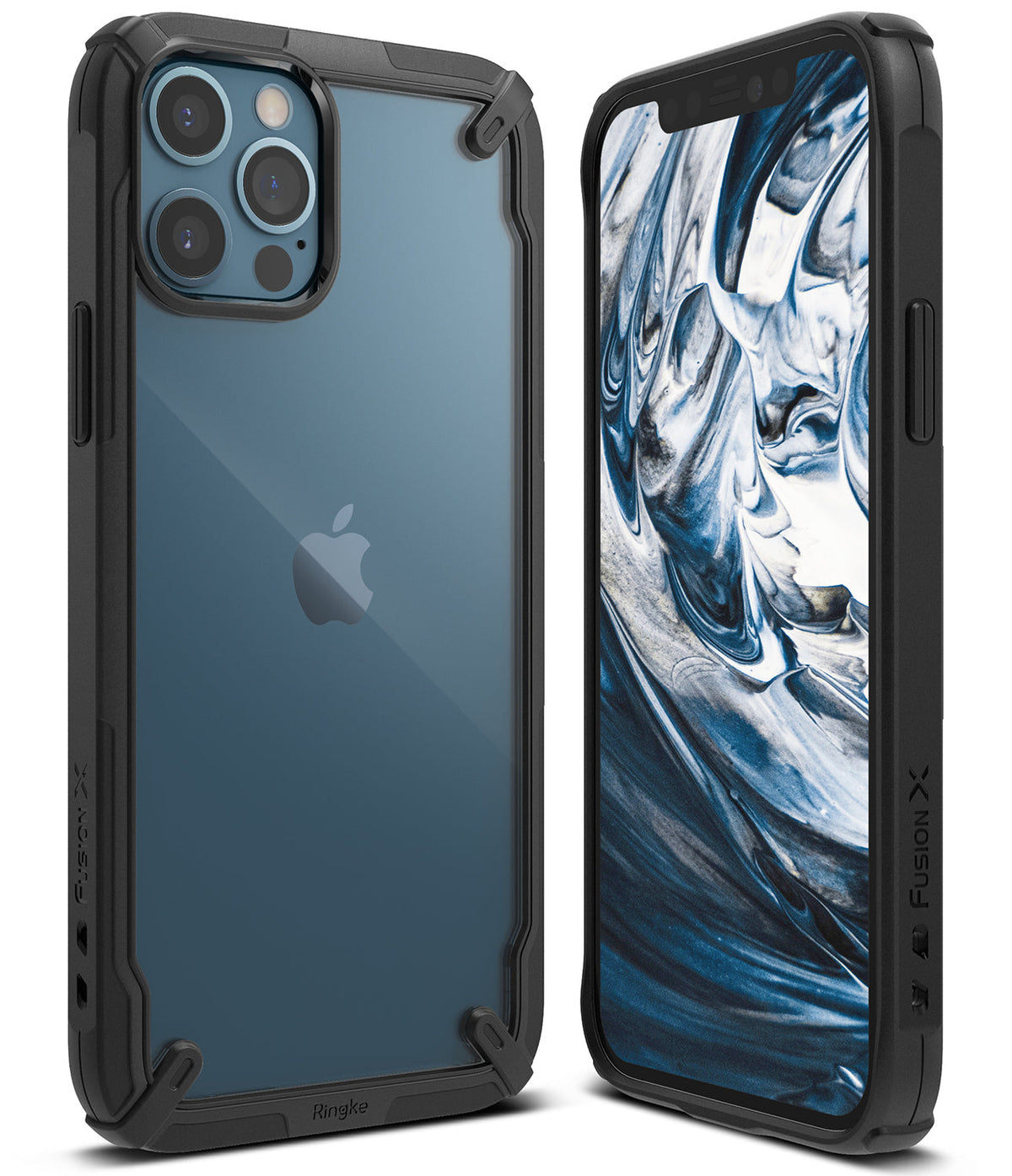 iPhone 12 / 12 Pro Case | Fusion-X - Black rugged protective case on a blue iPhone 12 Pro showing front and back views.