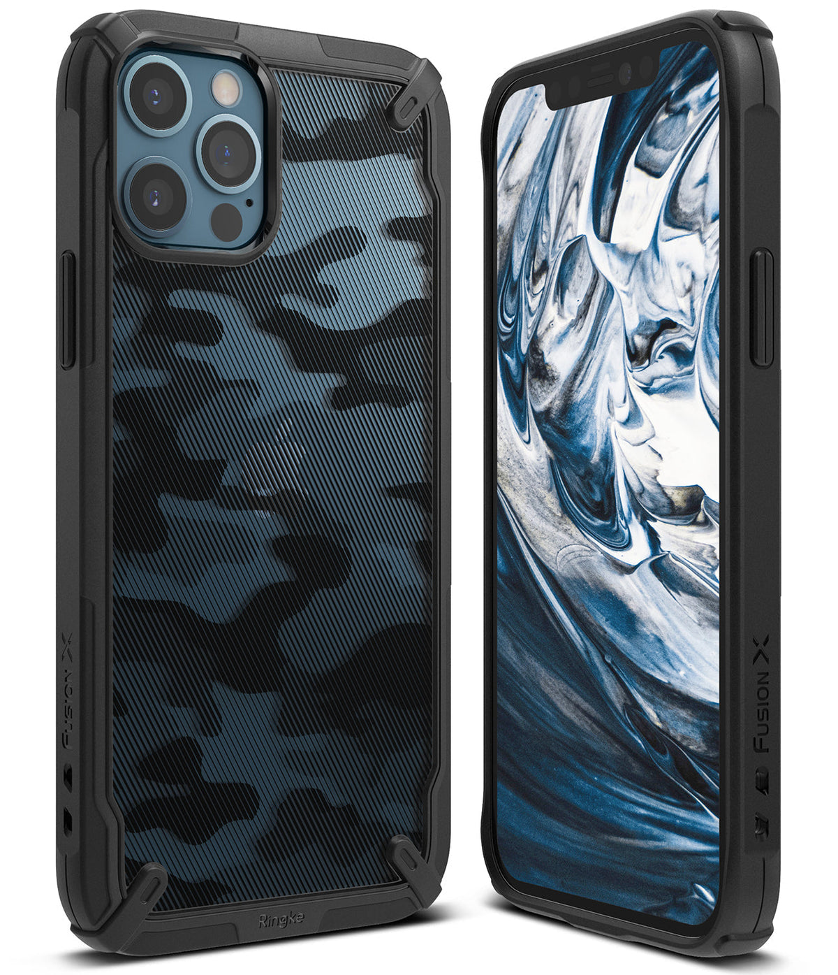 iPhone 12 / 12 Pro Case | Fusion-X - Black camouflage phone case shown from back and front angles with a blue marble screen.