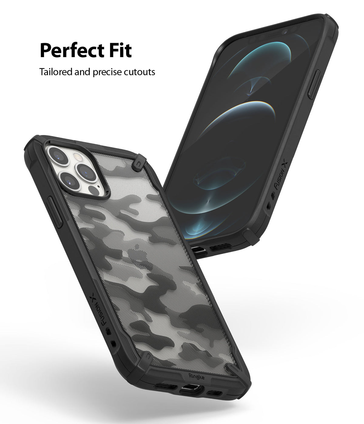 iPhone 12 / 12 Pro Case | Fusion-X - Two views of a black camouflage phone case with precise cutouts on a white background.