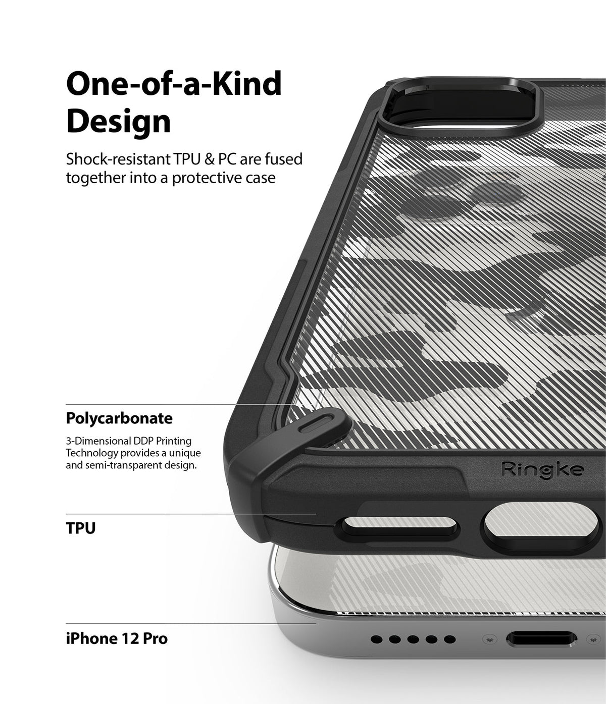 iPhone 12 / 12 Pro Case | Fusion-X - Close-up of a camo-patterned phone case highlighting TPU and polycarbonate construction.